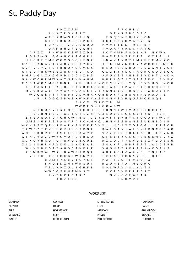 Clover-shaped St. Patrick's Day word search with words like leprechaun, shamrock, and rainbow.