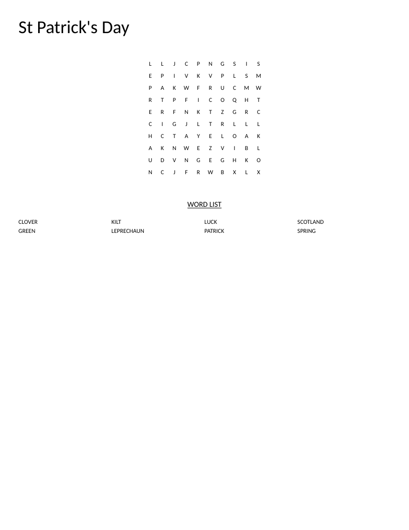 St. Patrick's Day word search with words like leprechaun, clover, and kilt.