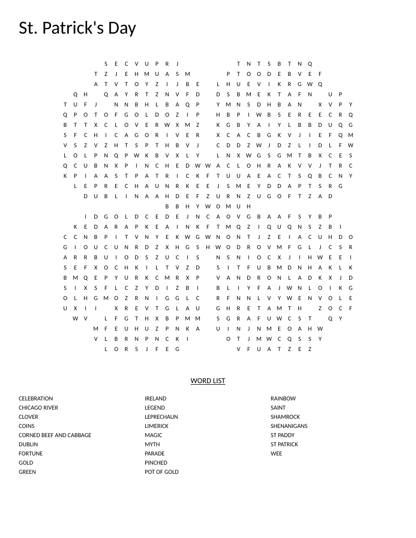 St. Patrick's Day word search with clover shape and words like leprechaun, shamrock, and pot of gold.