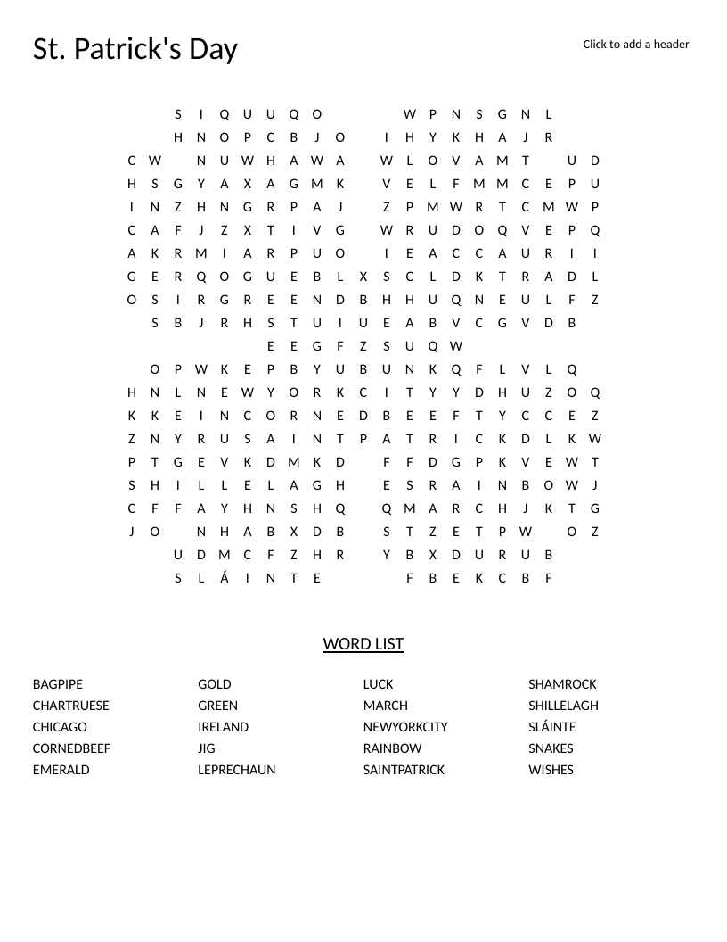 St. Patrick's Day word search in a clover shape with words like shamrock, leprechaun, and rainbow.
