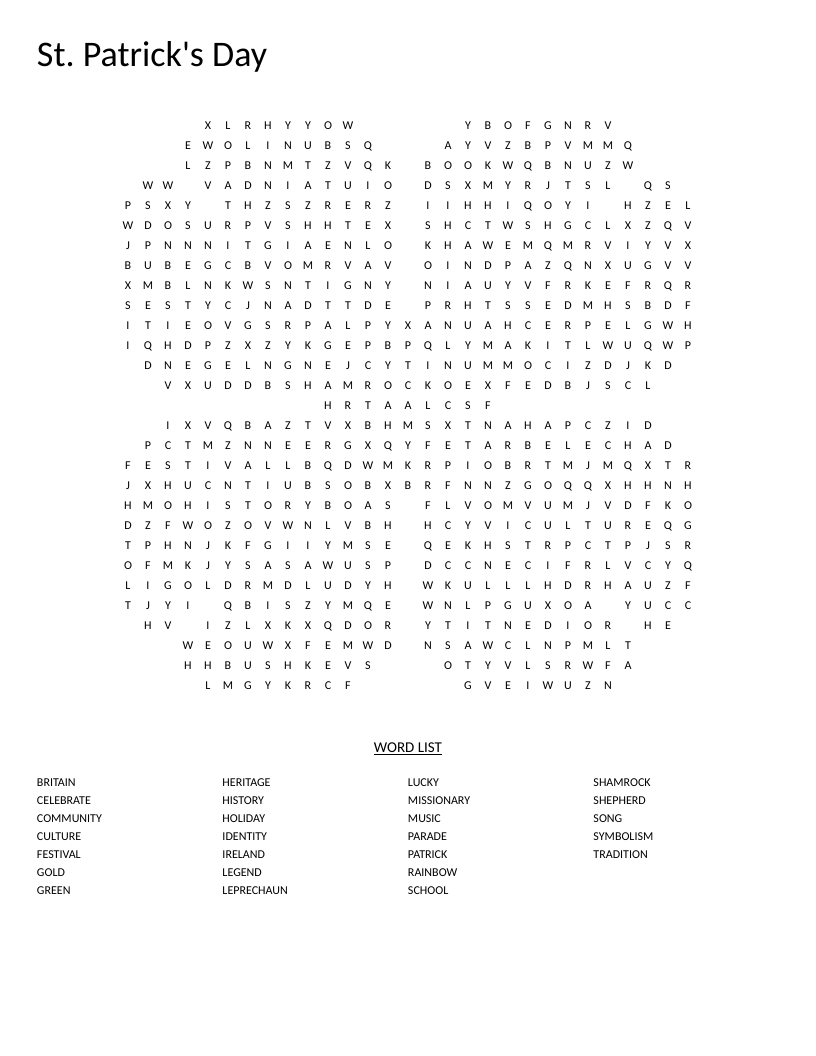 Clover-shaped St. Patrick's Day word search with words like leprechaun, shamrock, and parade.