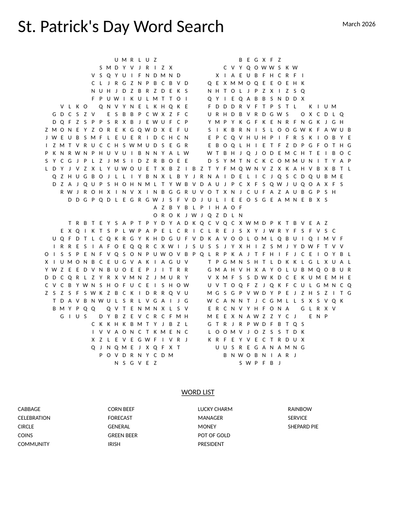 Clover-shaped St. Patrick's Day word search with words like pot of gold and corned beef.