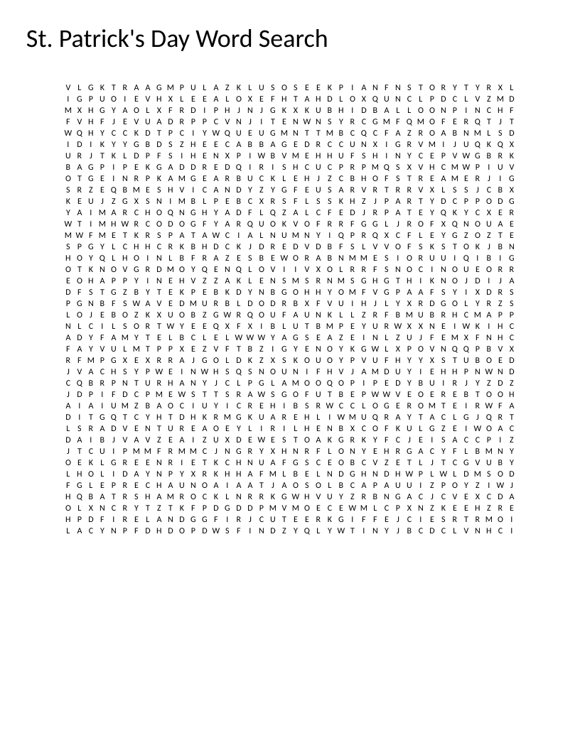 St. Patrick's Day word search featuring shamrock, leprechaun, rainbow, and pot of gold.