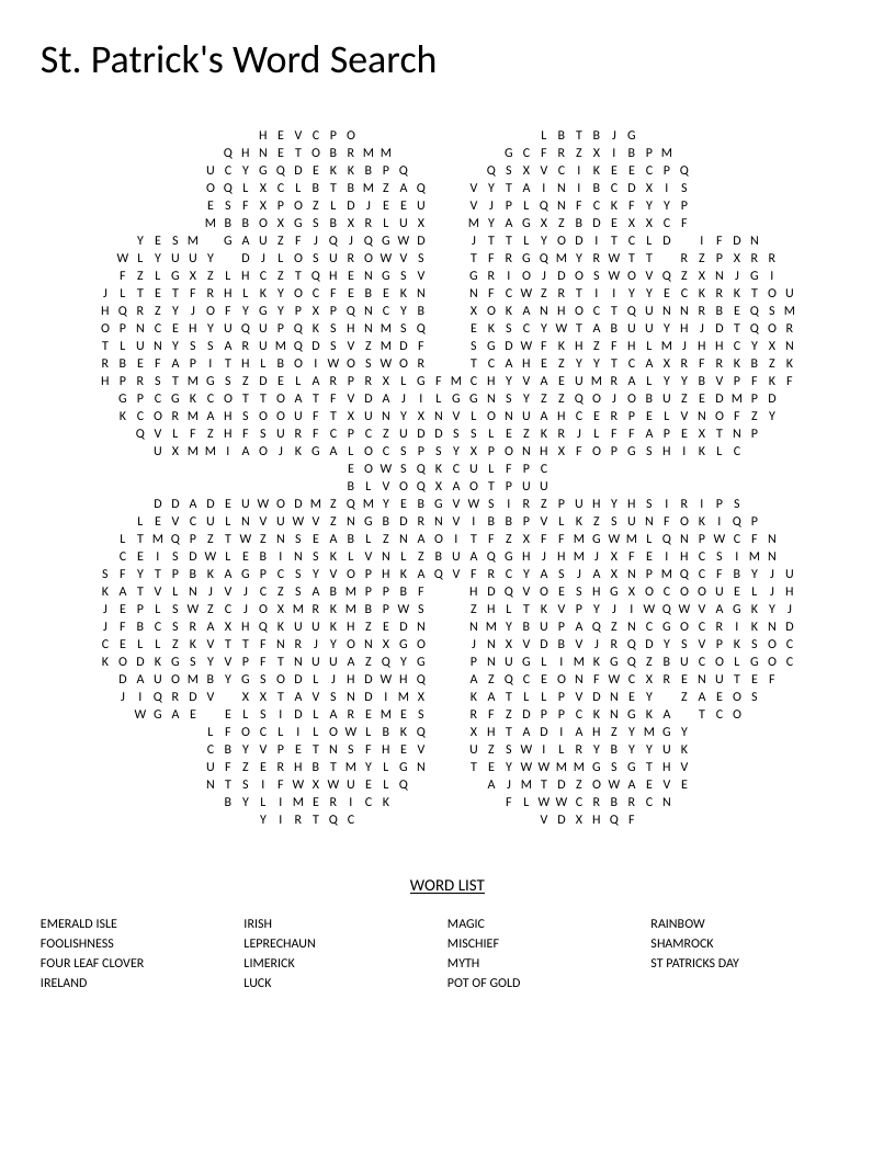 Clover-shaped St. Patrick's Day word search with words like leprechaun, shamrock, and rainbow.