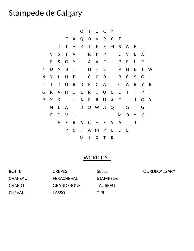 Smiley-shaped Calgary Stampede word search with French words like cheval, lasso, and stampede.