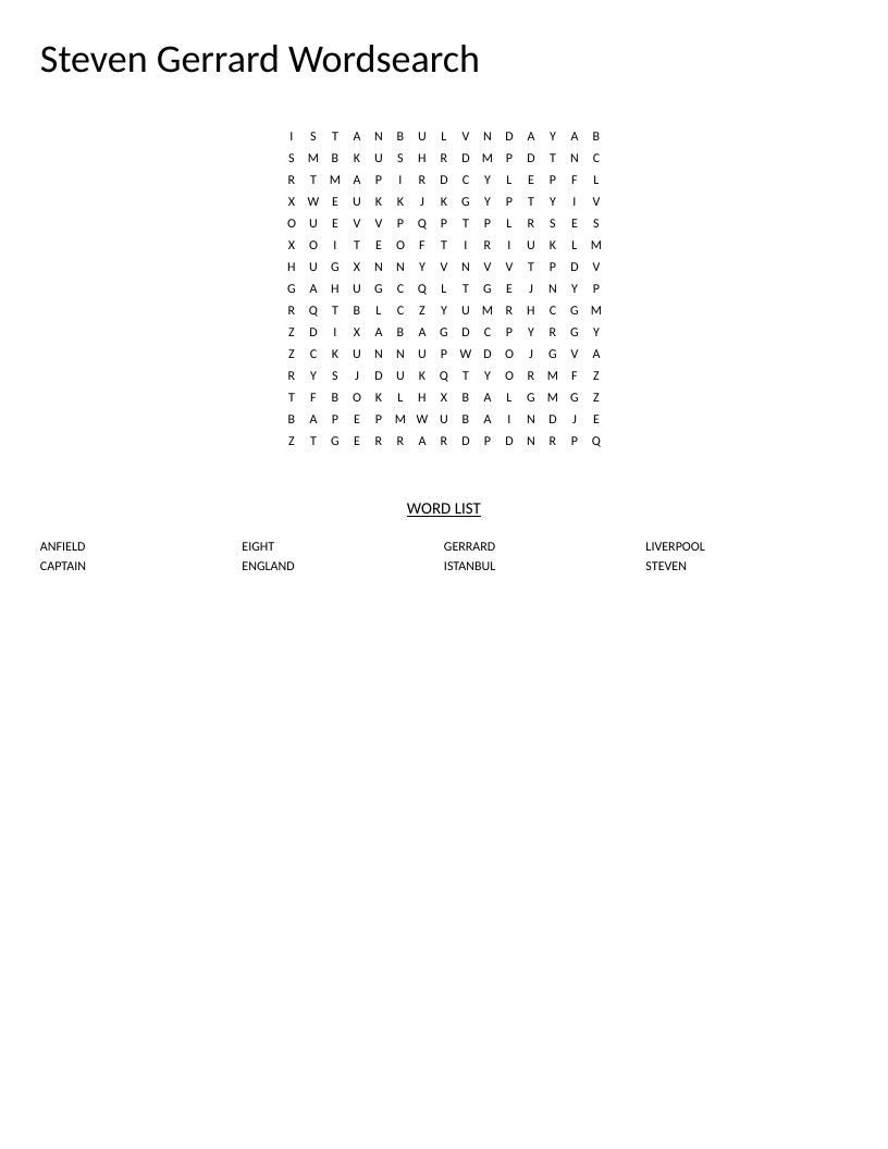 Steven Gerrard word search with Liverpool FC, Anfield, and England vocabulary.