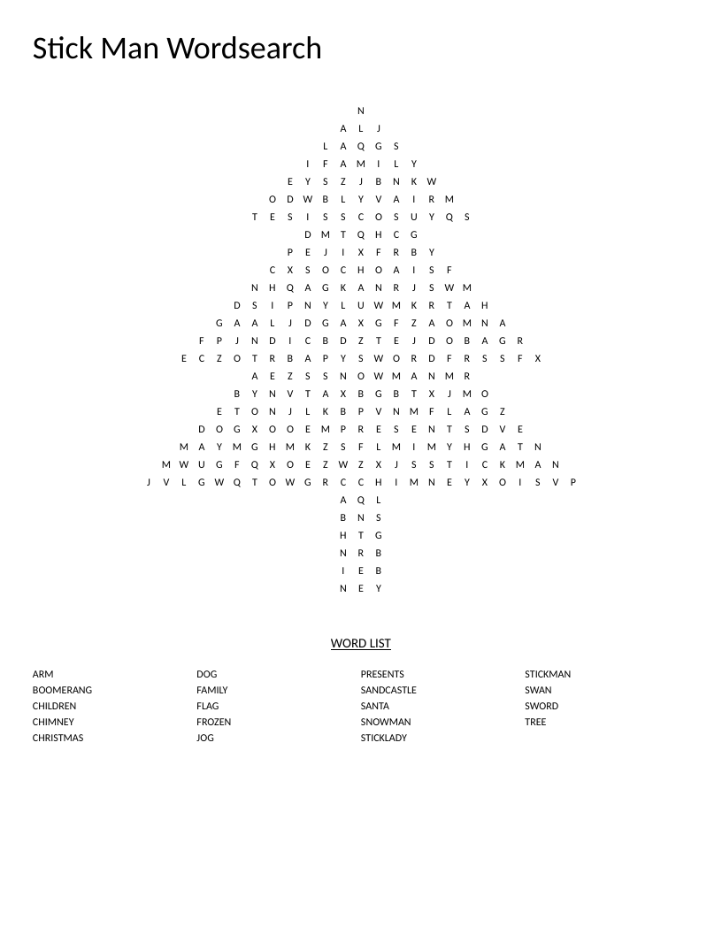Tree-shaped stick man word search with Santa, snowman, and holiday words.