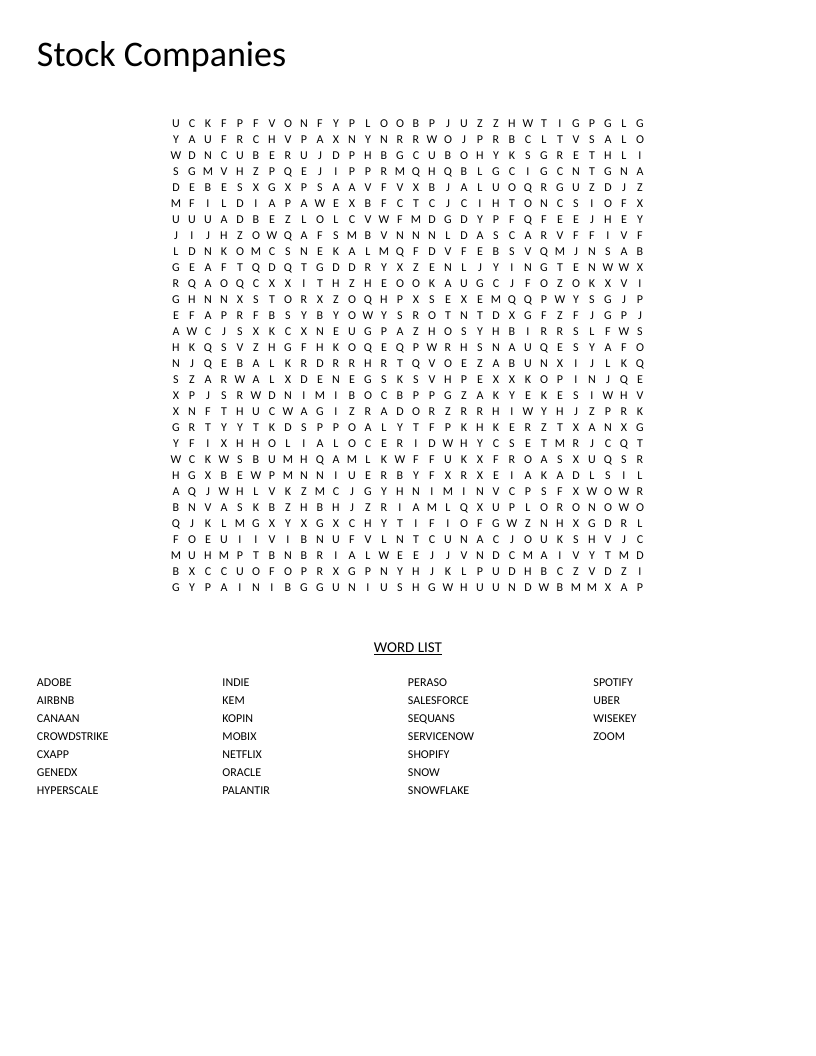 Stock companies word search with Netflix, Palantir, CrowdStrike, and Shopify among 25 hidden words.