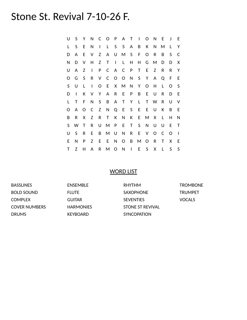 Stone Street Revival seventies music word search with saxophone, syncopation, and basslines.