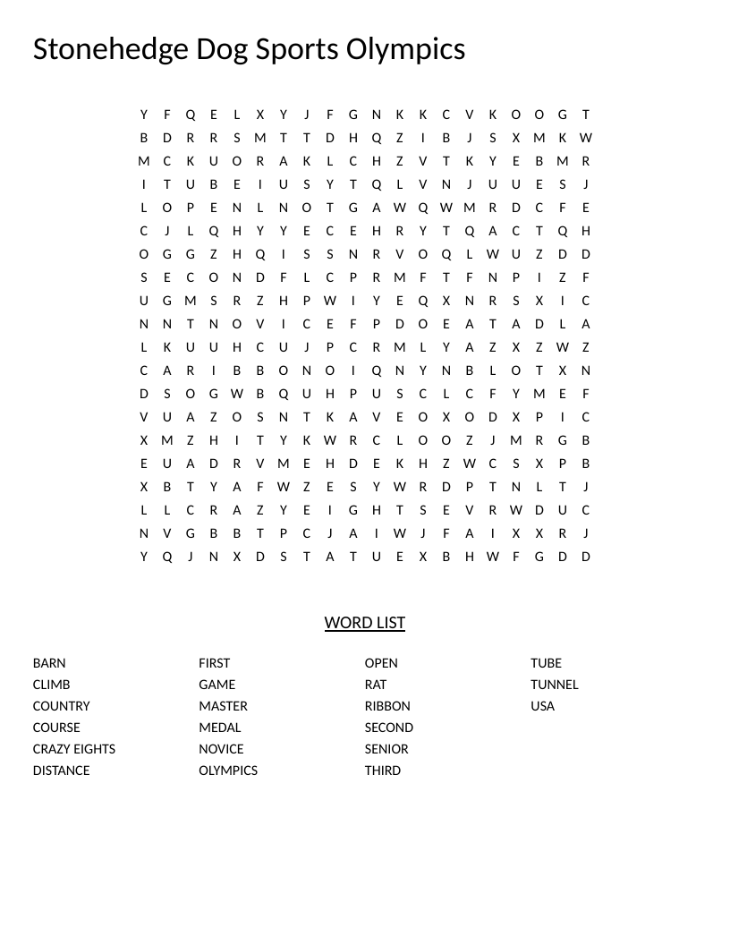 Dog agility word search with words like tunnel, course, medal, and competition levels.