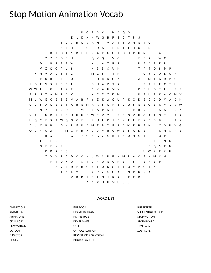 Smiley-shaped stop motion animation word search with terms like claymation, armature, and keyframes.
