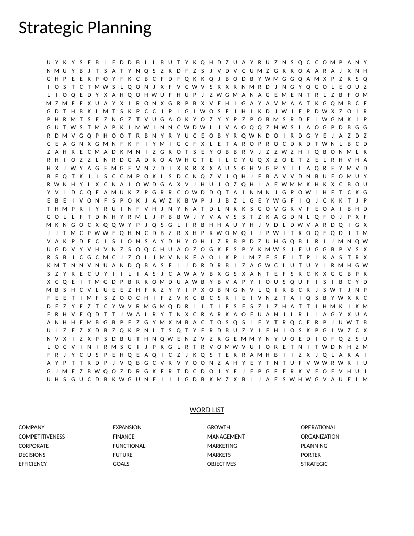 Strategic planning word search with business vocabulary including corporate, marketing, and competitiveness.