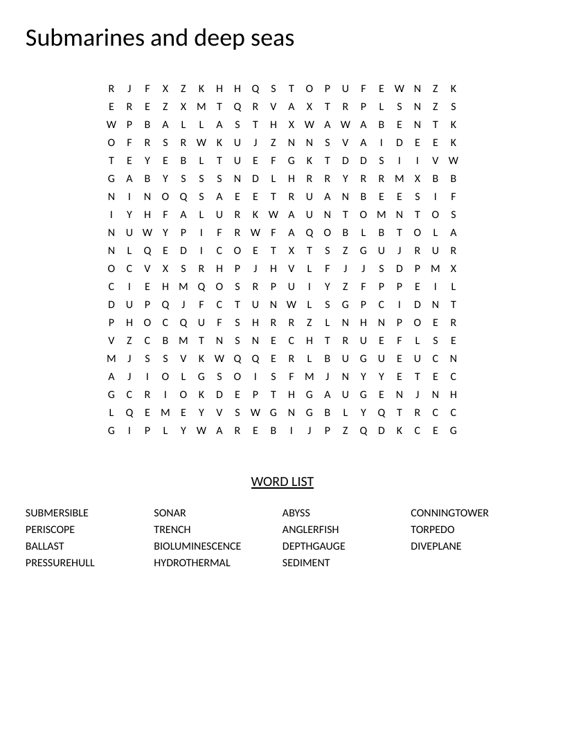 Submarines and deep-sea word search with words like bioluminescence, sonar, and anglerfish.