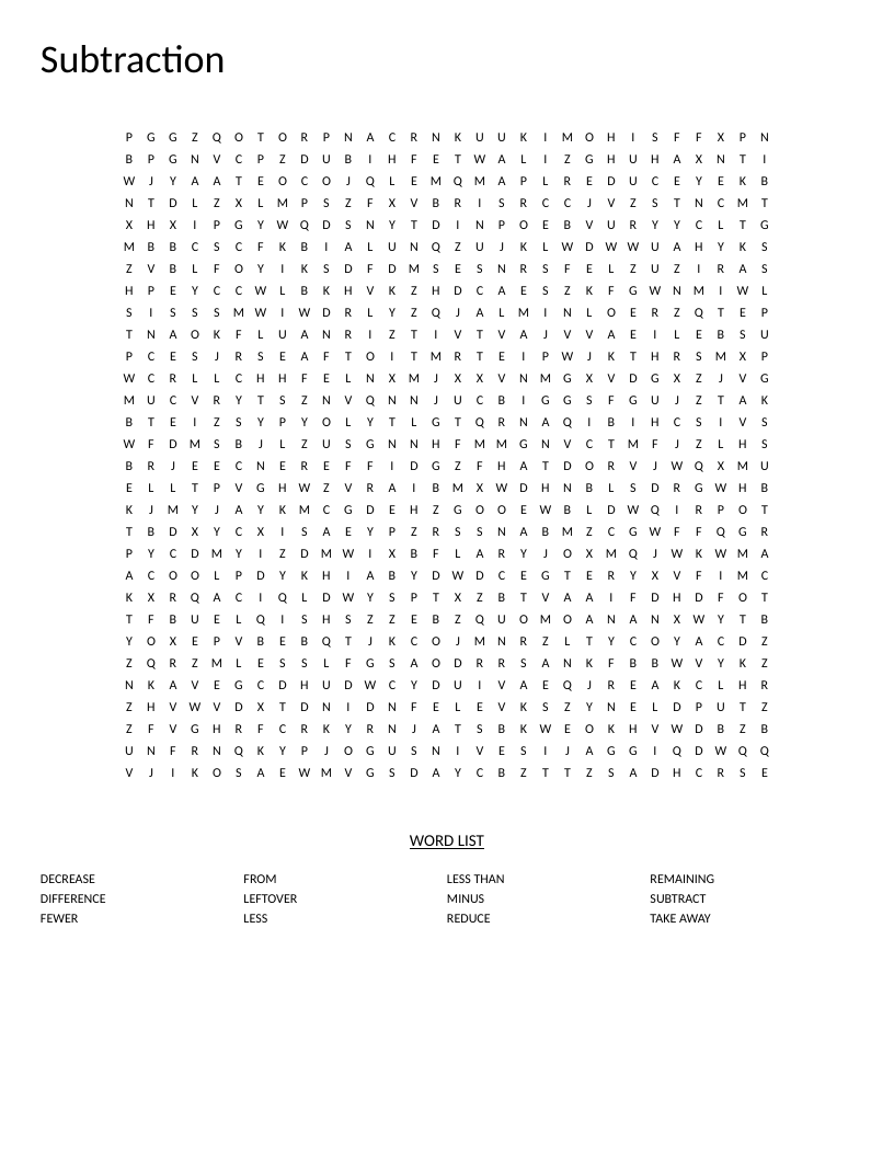 Subtraction word search with vocabulary like minus, takeaway, and difference.