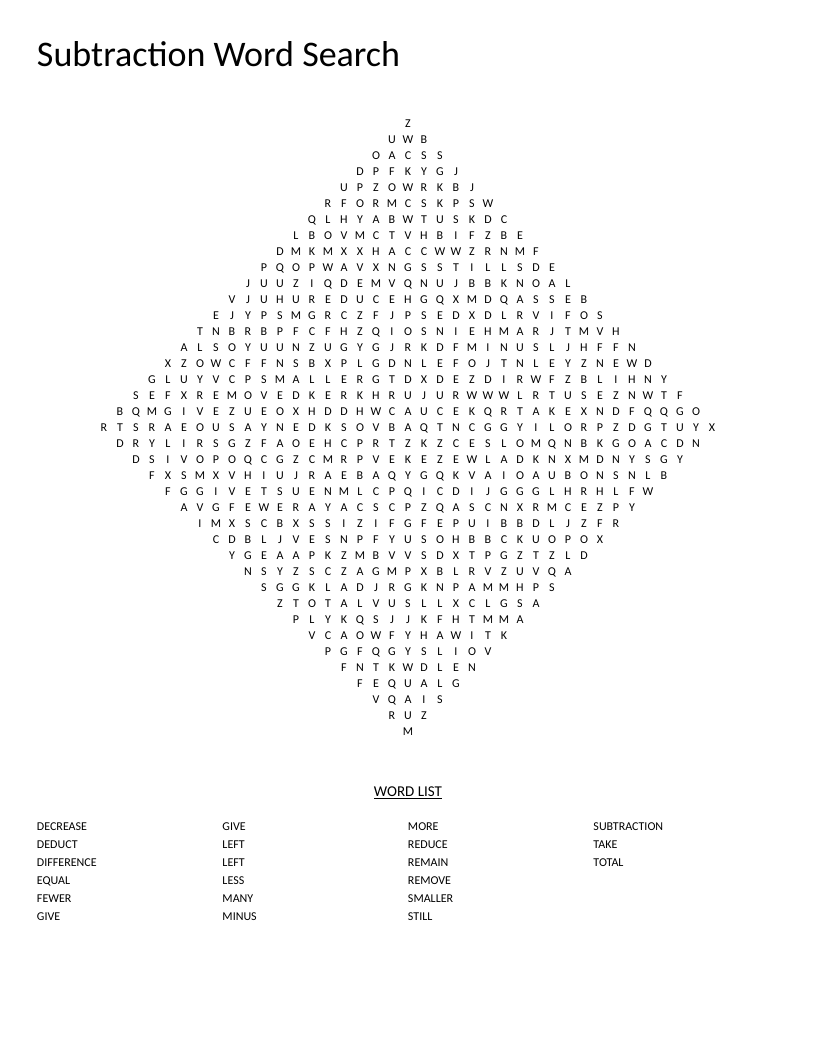 Diamond-shaped subtraction word search with math vocabulary like minus, decrease, and difference.
