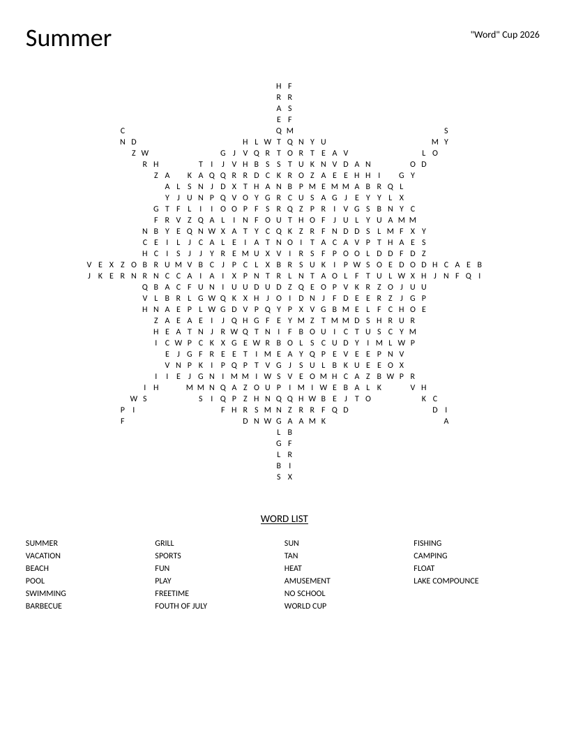 Sun-shaped summer word search with beach, pool, barbecue, and camping words.