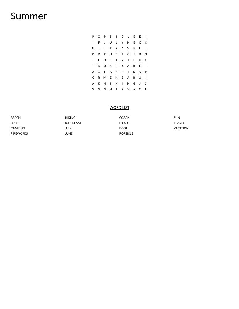 Summer word search with beach, vacation, fireworks, and camping vocabulary.