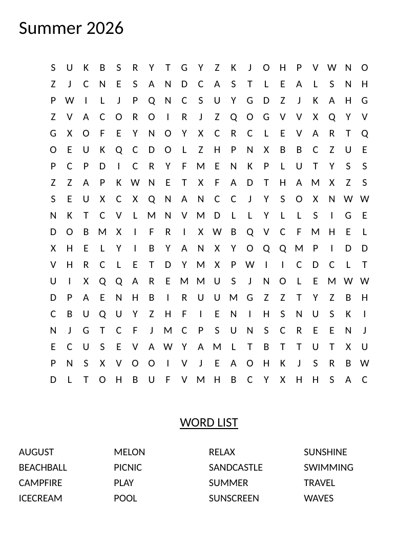 Summer word search with beach and vacation words like ice cream, swimming, and campfire.