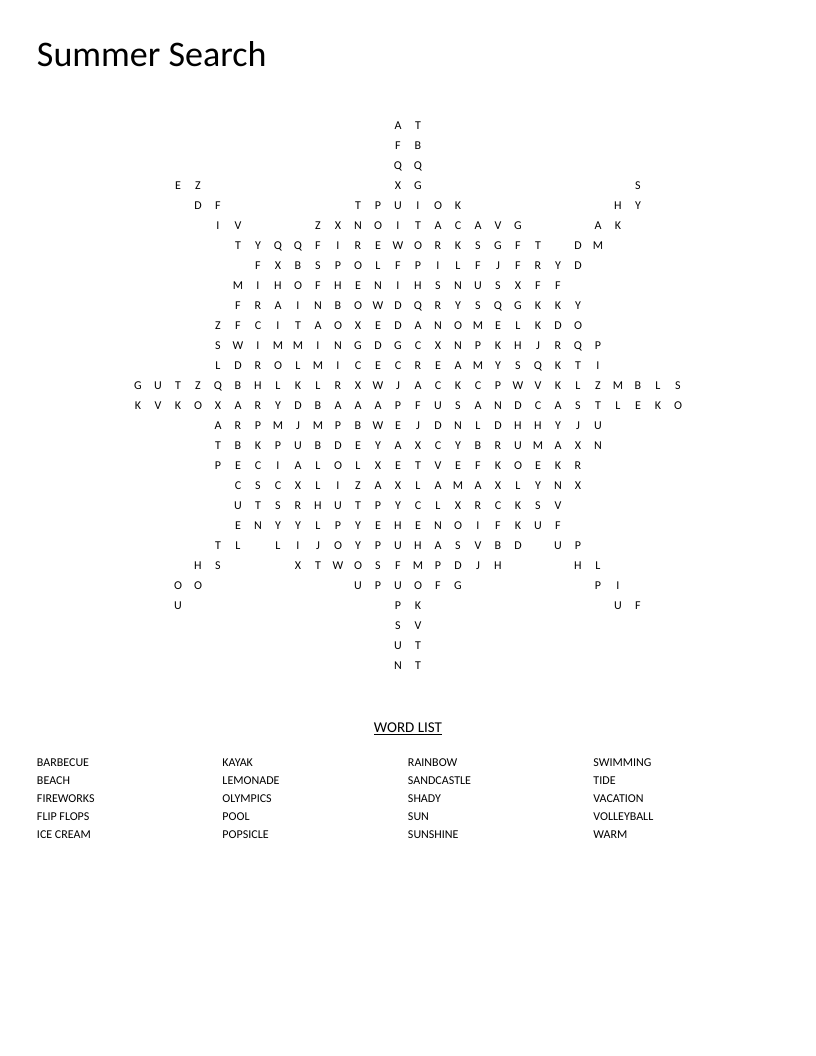 Sun-shaped summer word search with words like sandcastle, popsicle, and volleyball.