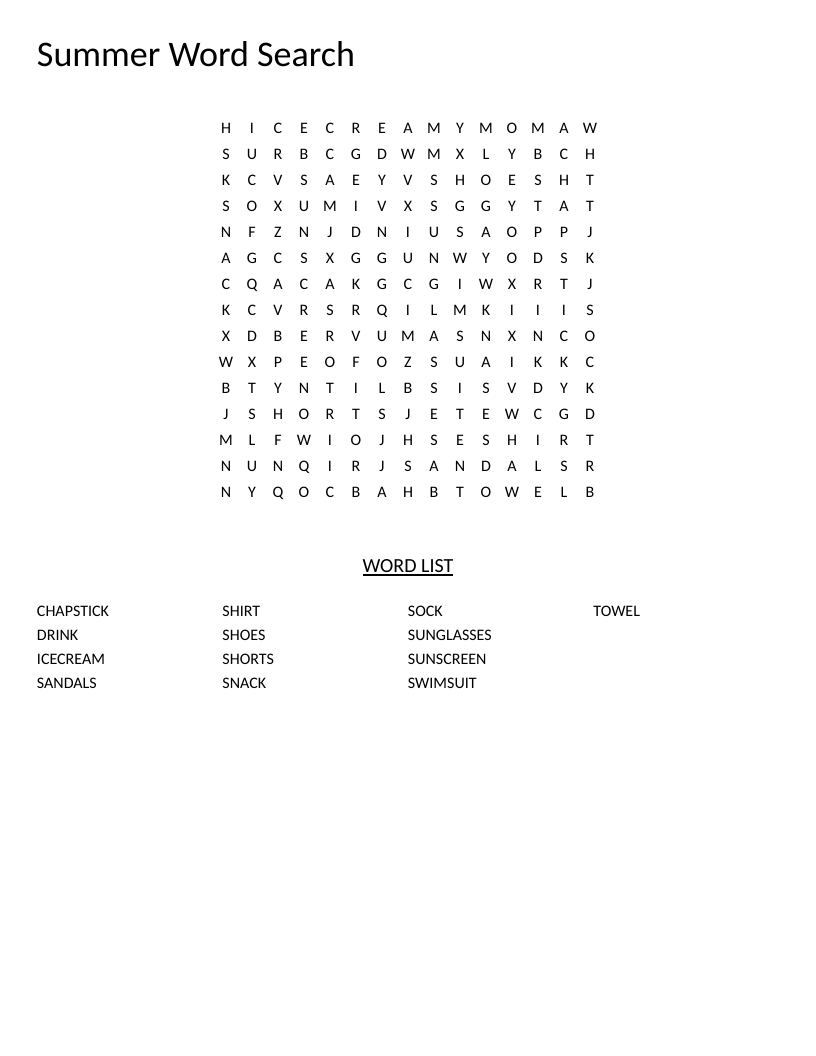 Summer vocabulary word search with words like swimsuit, sunglasses, and ice cream.