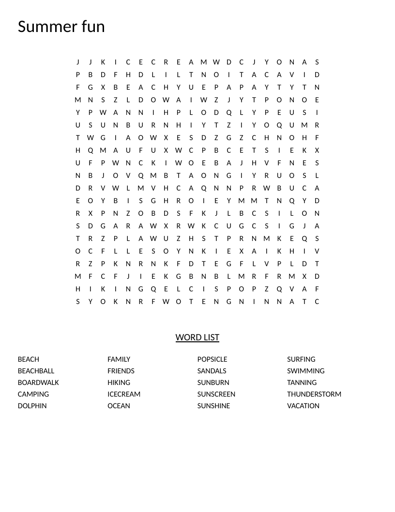 Summer word search with beach, ice cream, vacation, and outdoor activity words.