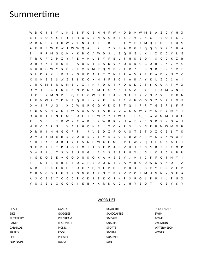 Summer word search with beach, ice cream, pool, and firefly words for elementary students.