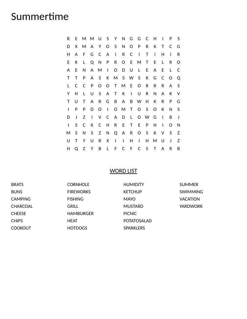 Summer word search with words like hamburger, fireworks, camping, and swimming.