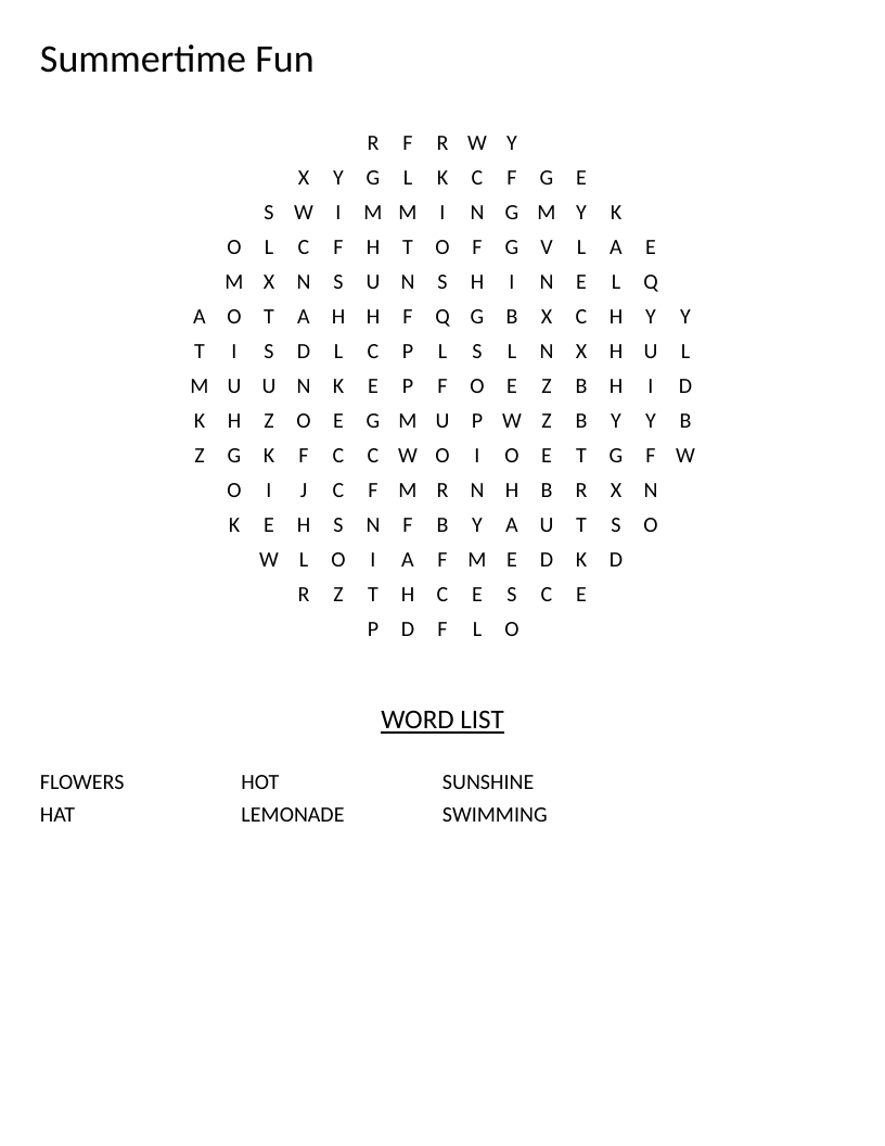 Circle-shaped summer word search for young learners with words like sunshine, flowers, and swimming.
