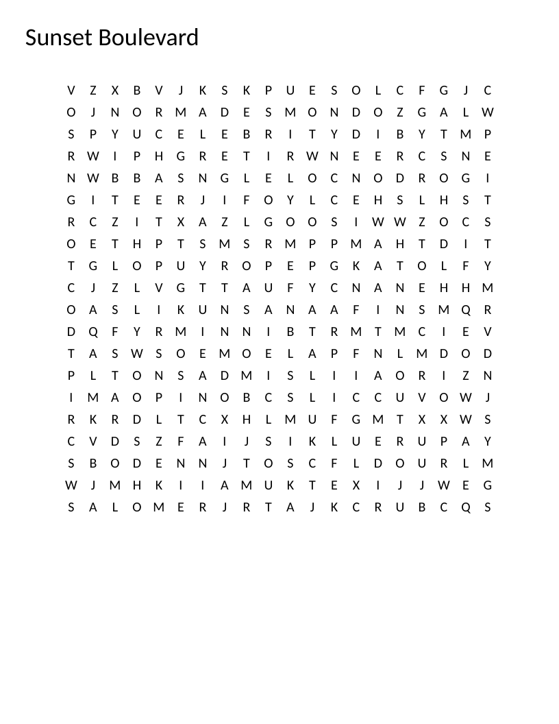 Sunset Boulevard word search with hidden words like Norma Desmond and Cecil B. DeMille.