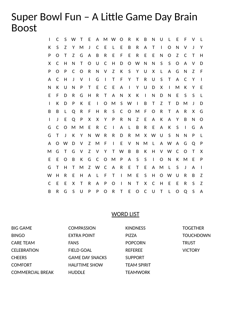 Super Bowl word search with football and game day words including touchdown, halftime show, and pizza.