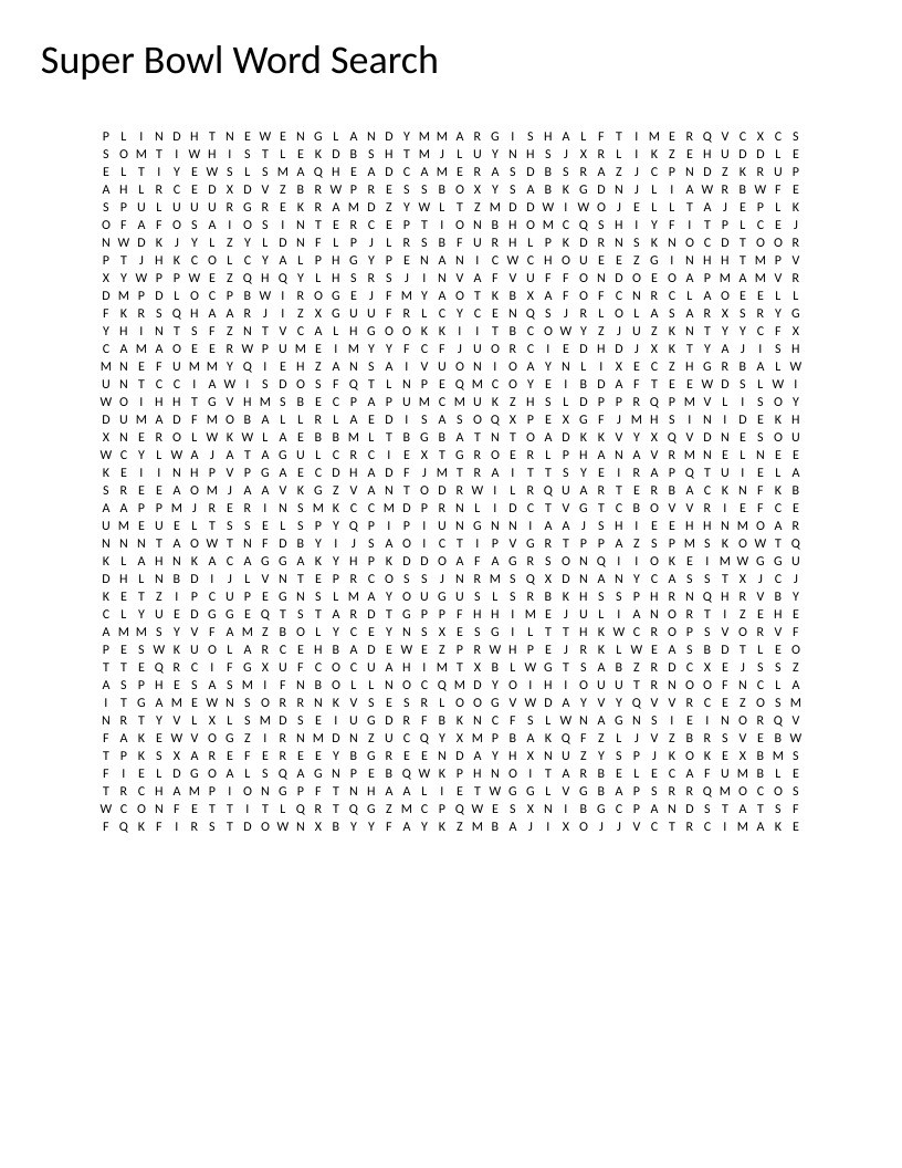 Super Bowl word search with football terms, team names, and halftime show vocabulary.
