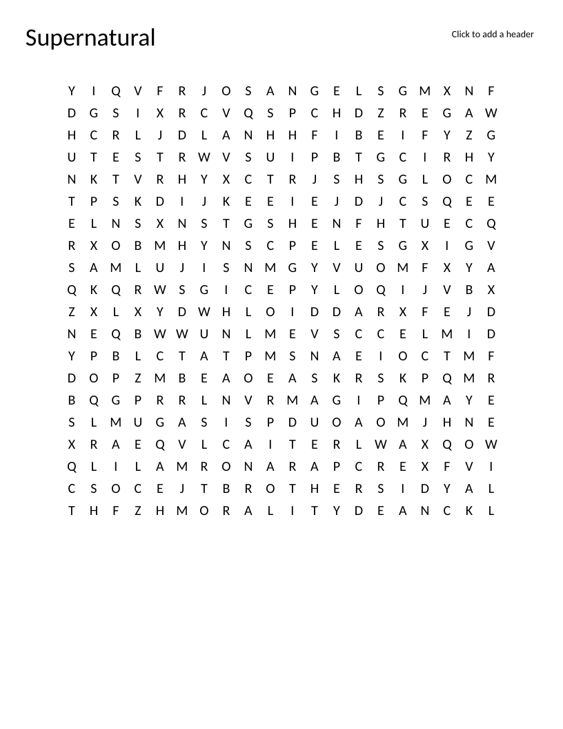 Supernatural TV series word search with Winchester brothers, Castiel, and iconic show words.