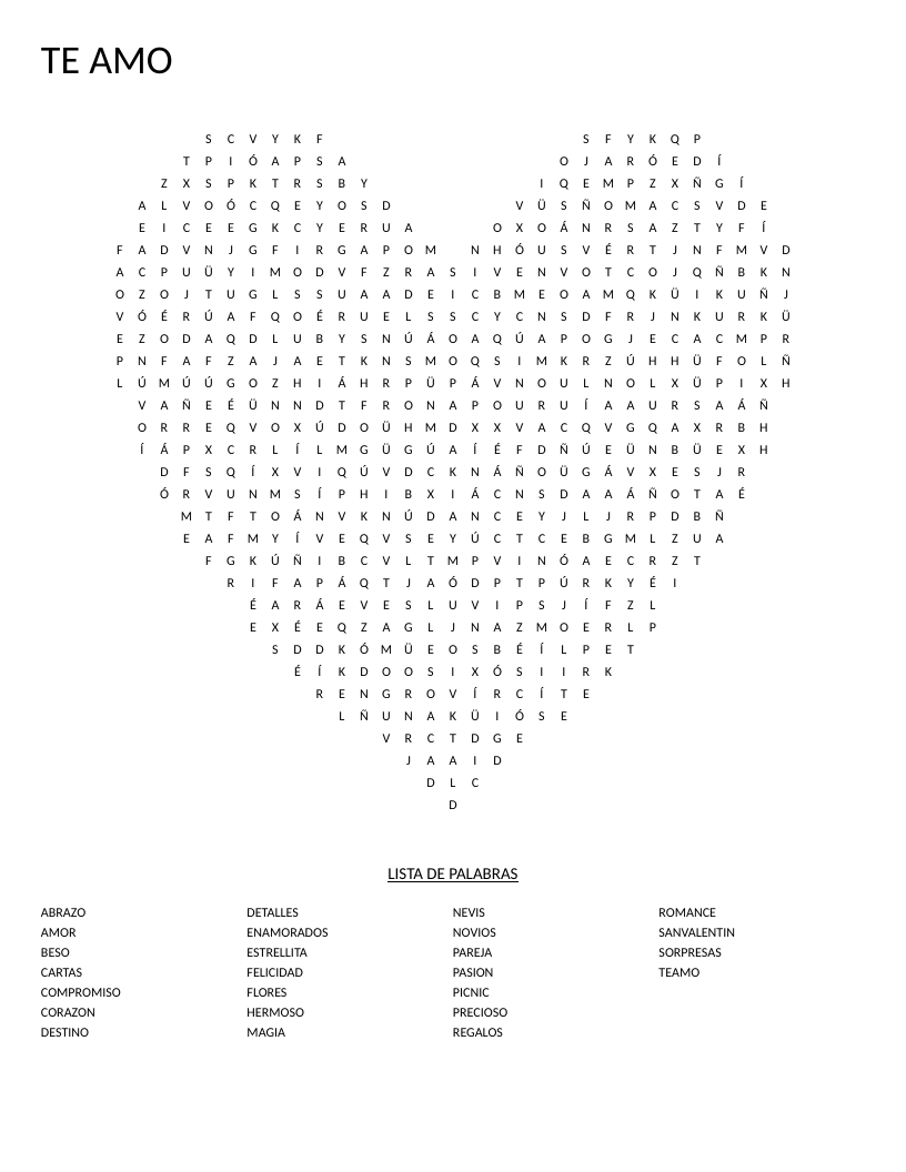 Heart-shaped Spanish Valentine's Day word search with words like amor, beso, and corazón.