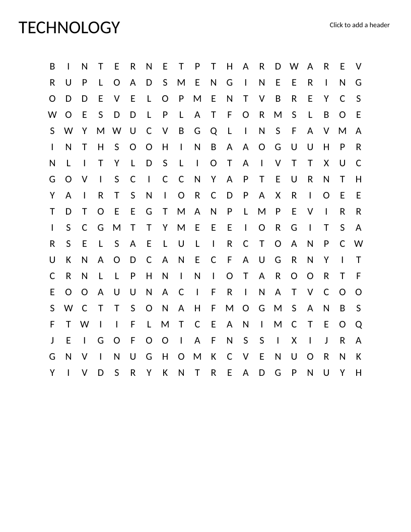 Technology word search with words like machinelearning, robotics, encryption, and algorithms.