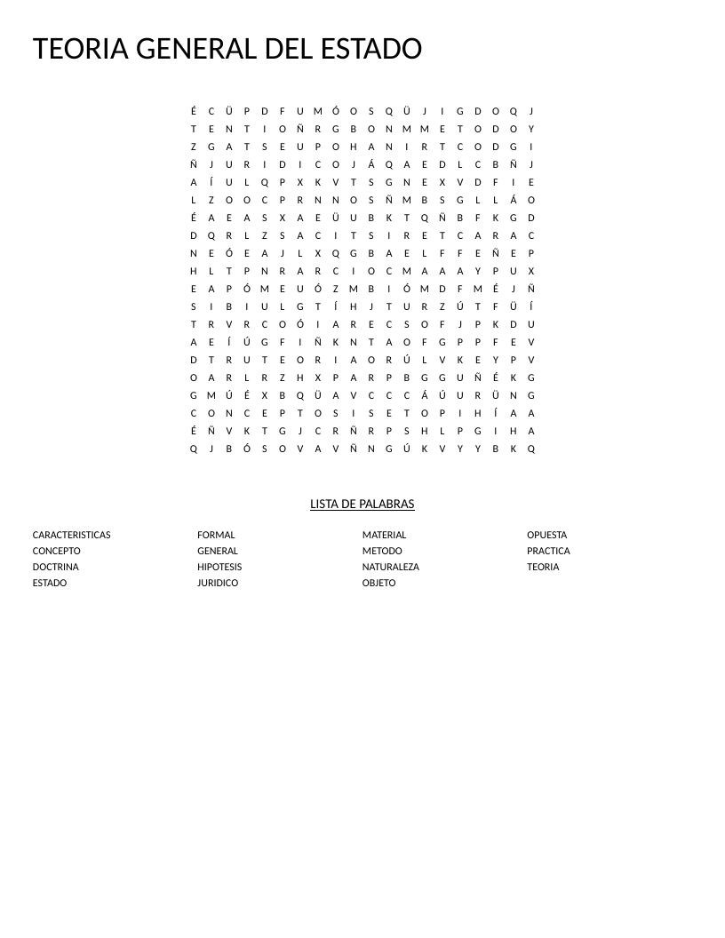 Spanish state theory word search with vocabulary including doctrina, hipótesis, and concepto.