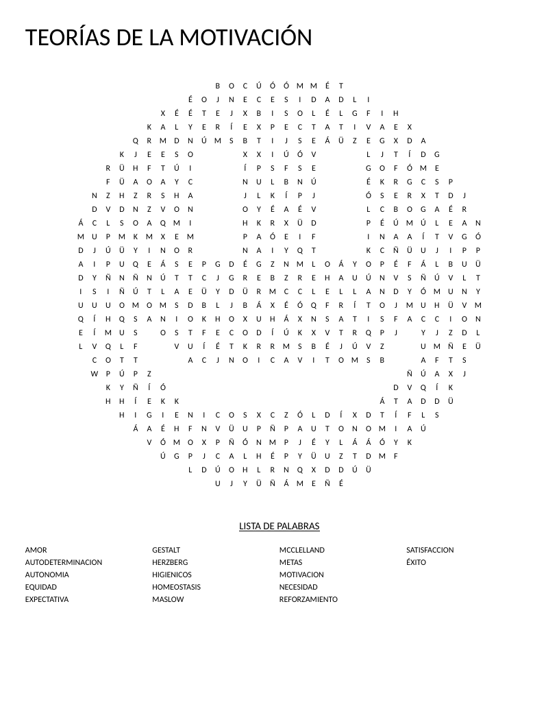 Smiley-shaped Spanish word search on motivation theories with Maslow, Herzberg, and autodeterminación.