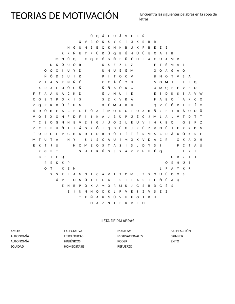 Spanish motivation theories word search with Maslow, Skinner, and psychology terms in smiley shape.