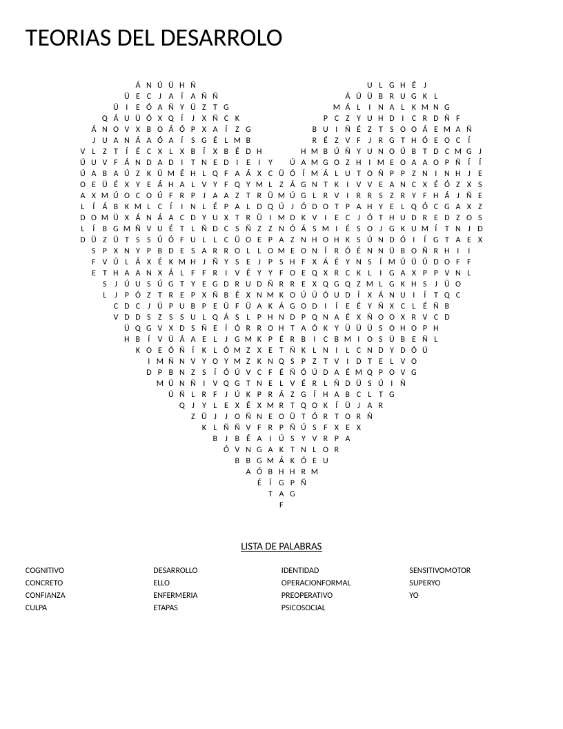 Spanish developmental theory word search with heart-shaped grid featuring Piaget and Freud vocabulary.