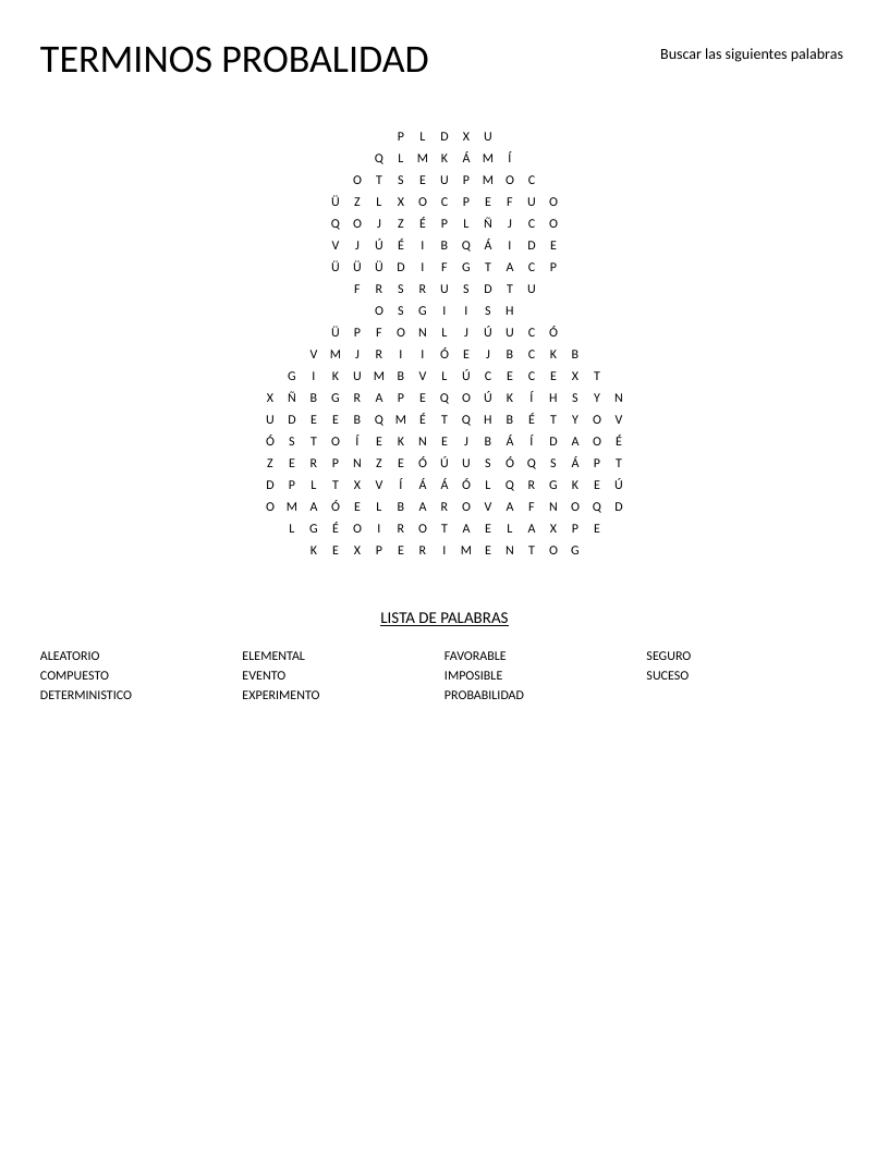 Snowman-shaped Spanish probability word search with terms like evento, aleatorio, and deterministico.