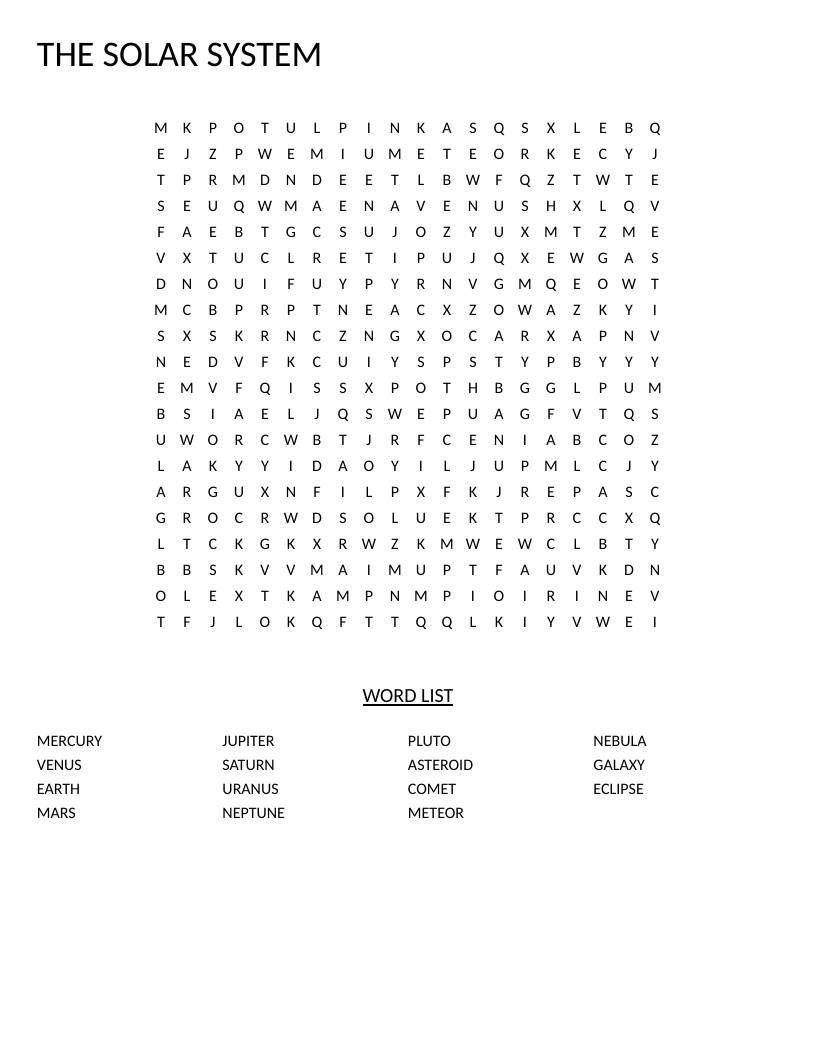 Solar system word search with planets Mercury, Jupiter, Saturn, and space terms.