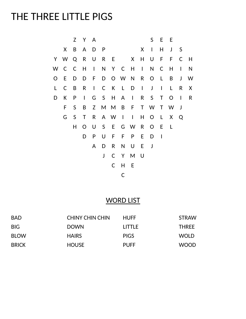 Heart-shaped Three Little Pigs word search with fairy-tale vocabulary like huff, puff, and brick.