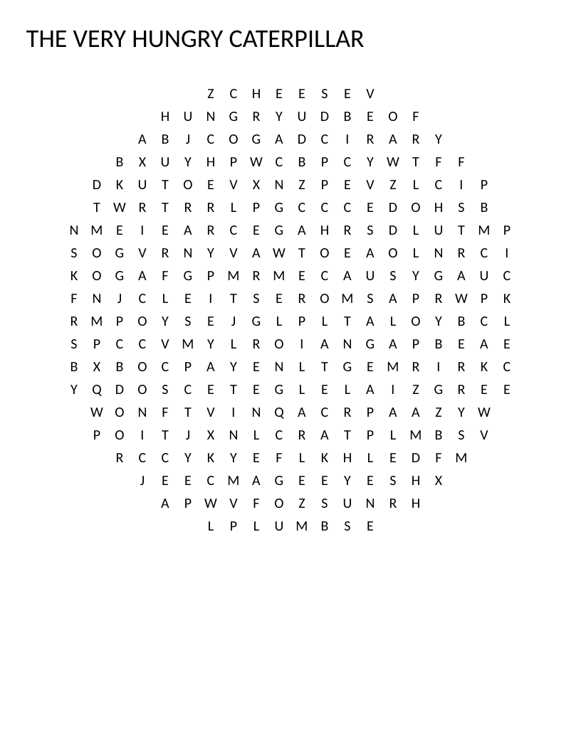 Circular The Very Hungry Caterpillar word search with butterfly, cocoon, and food words.