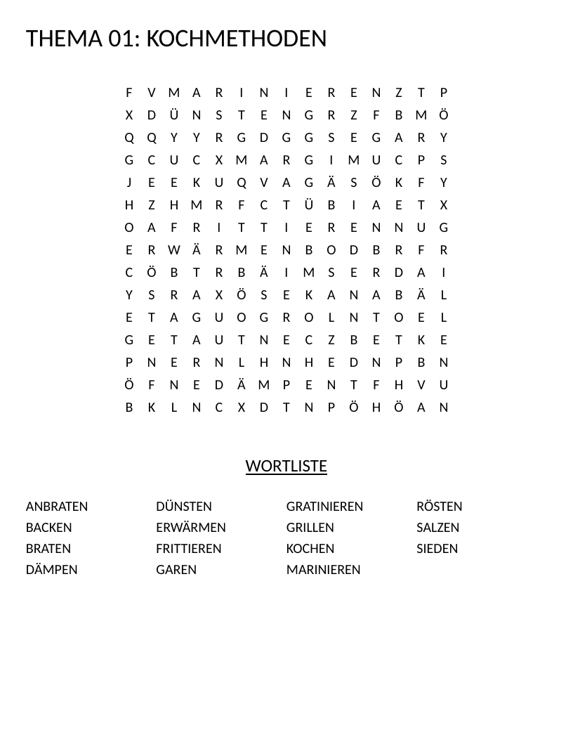 German word search with cooking methods including backen, braten, and grillen.