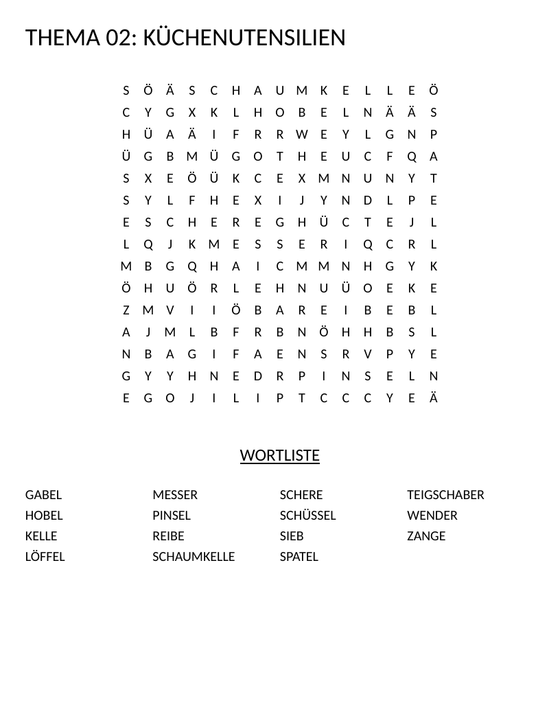 German kitchen utensils word search with vocabulary like Gabel, Messer, and Spatel.