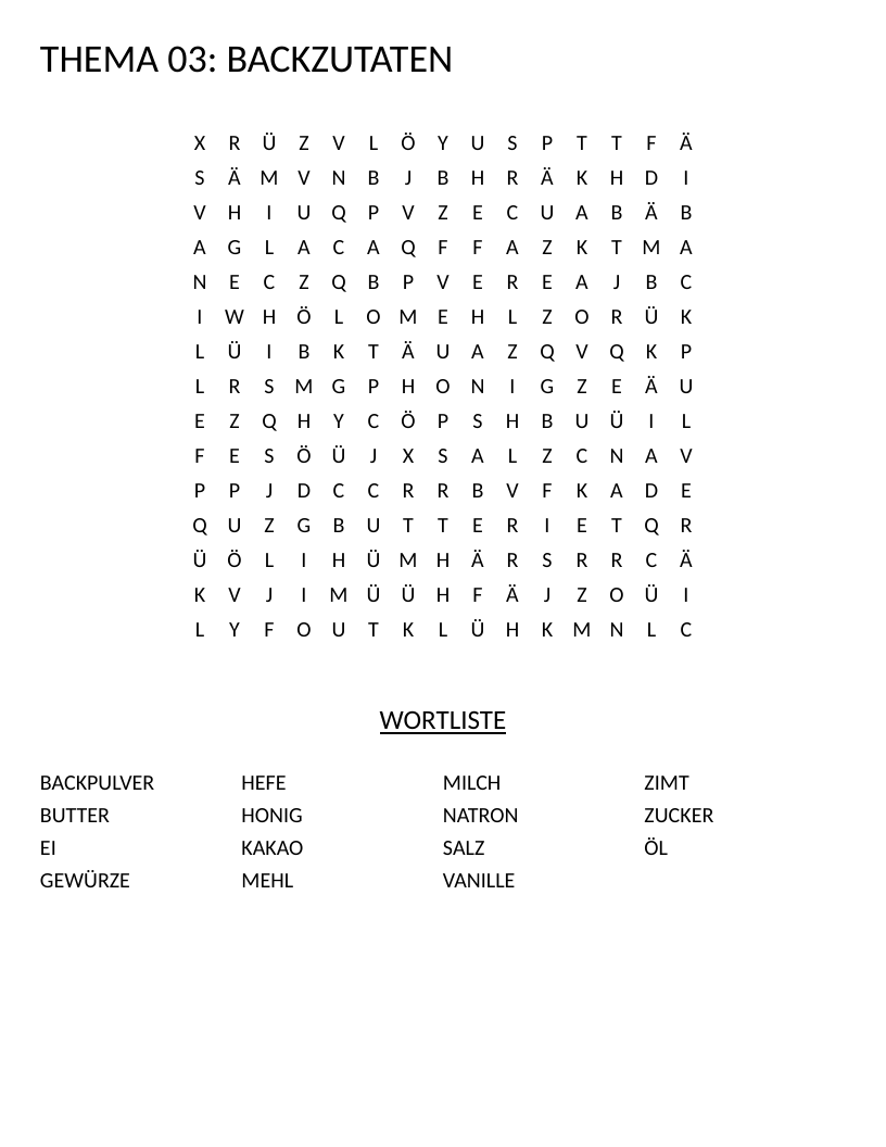 German baking ingredients word search with words like Mehl, Zucker, and Butter.