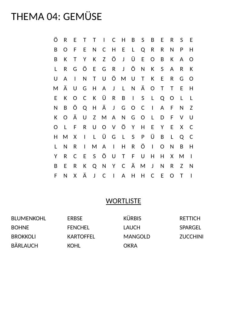 German vegetable word search with words like Brokkoli, Kartoffel, and Zucchini.