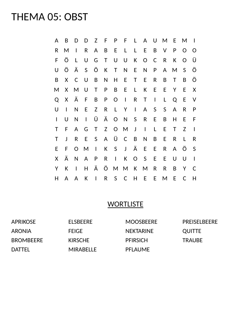 German fruit vocabulary word search with words like Kirsche, Traube, and Pfirsich.