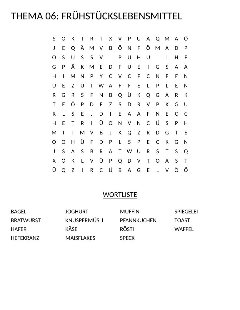 German breakfast foods word search with words like Käse, Speck, and Pfannkuchen.