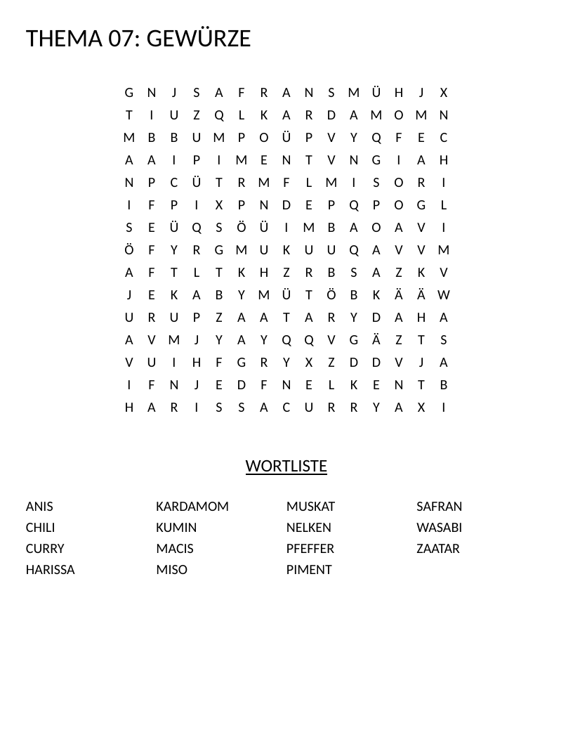 German spice vocabulary word search with words like Safran, Muskat, and Pfeffer.