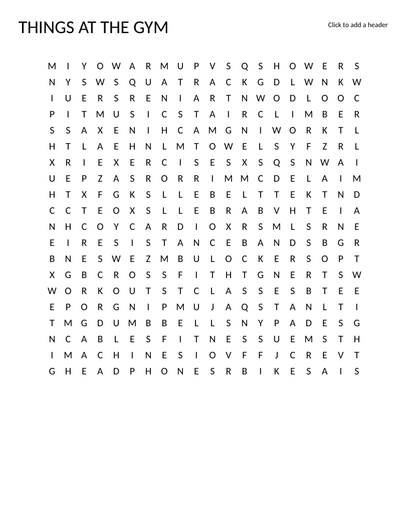Gym vocabulary word search with fitness words like treadmill, dumbbells, and yoga.